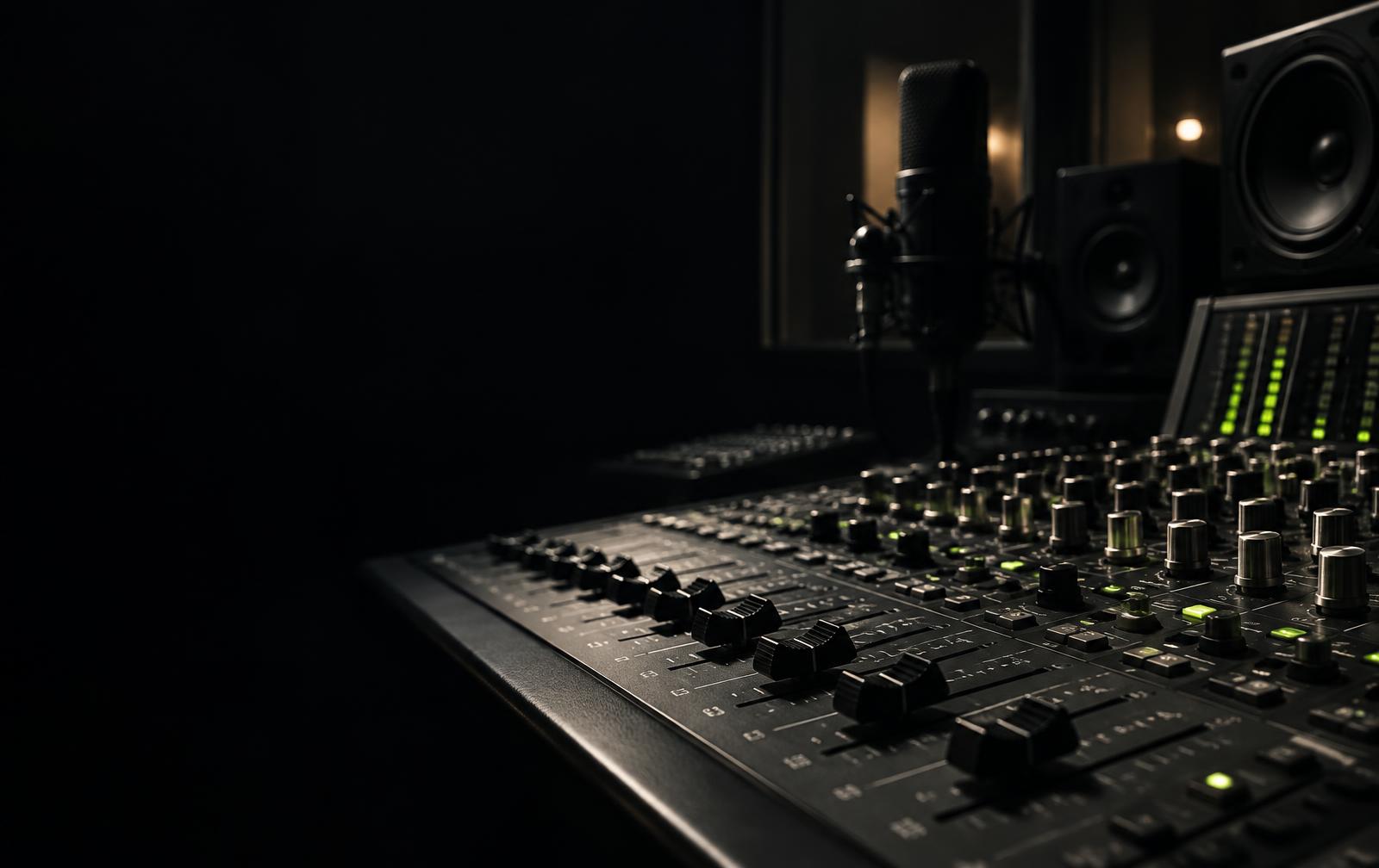 Recording studio mixing desk and microphone